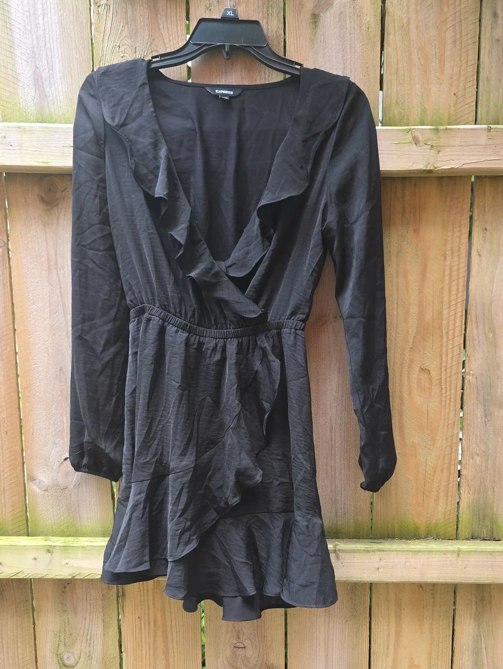 Express Black Long-Sleeve Ruffle Wrap-Style Dress
